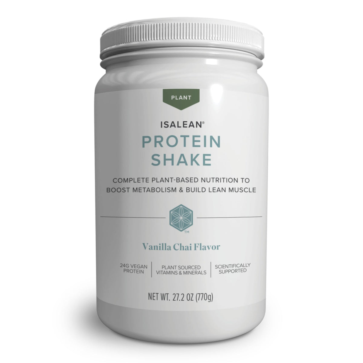 Isagenix IsaLean Plant-Based Protein Shake bottle in Vanilla Chai, highlighting plant protein.