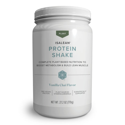 Isagenix IsaLean Plant-Based Protein Shake bottle in Vanilla Chai, highlighting plant protein.