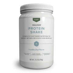 Isagenix IsaLean Plant-Based Protein Shake bottle in Vanilla Chai, highlighting plant protein.