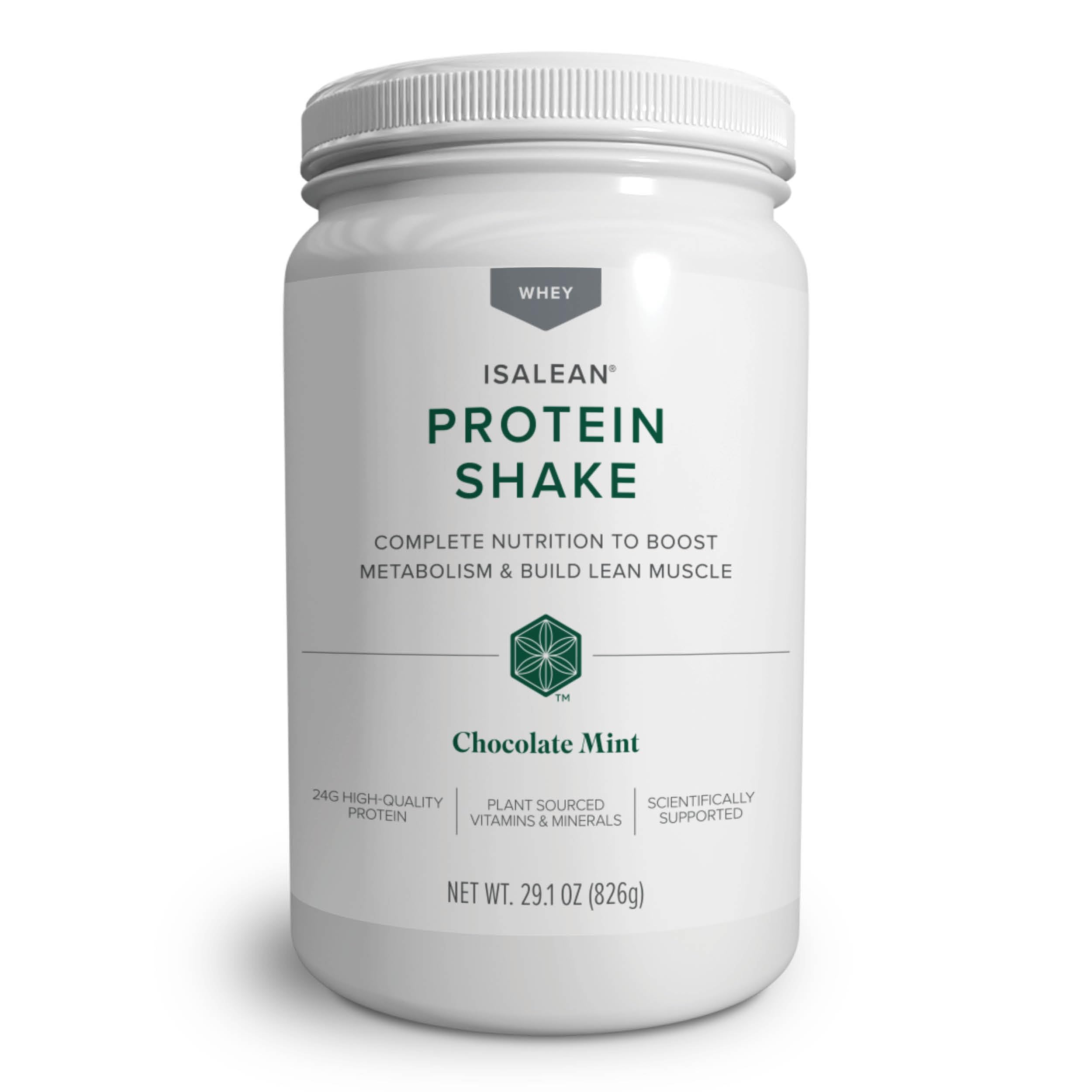 Isagenix IsaLean Shake Chocolate Mint canister ready for a balanced meal replacement.