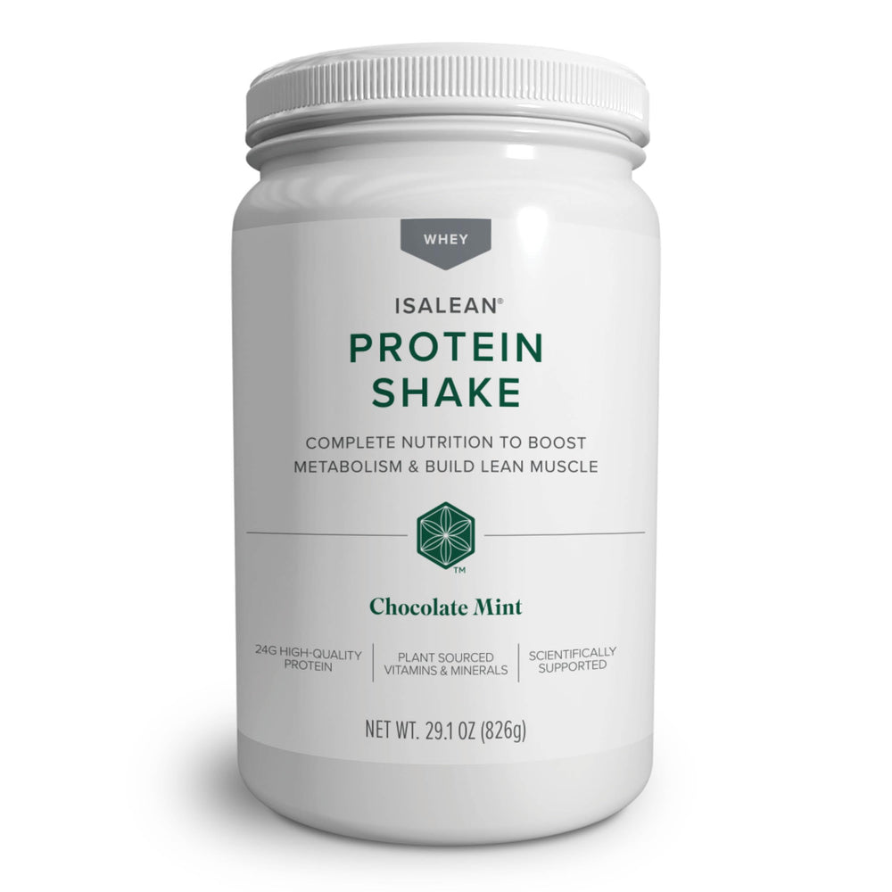 Isagenix IsaLean Shake Chocolate Mint canister ready for a balanced meal replacement.