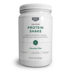 Isagenix IsaLean Shake Chocolate Mint canister ready for a balanced meal replacement.