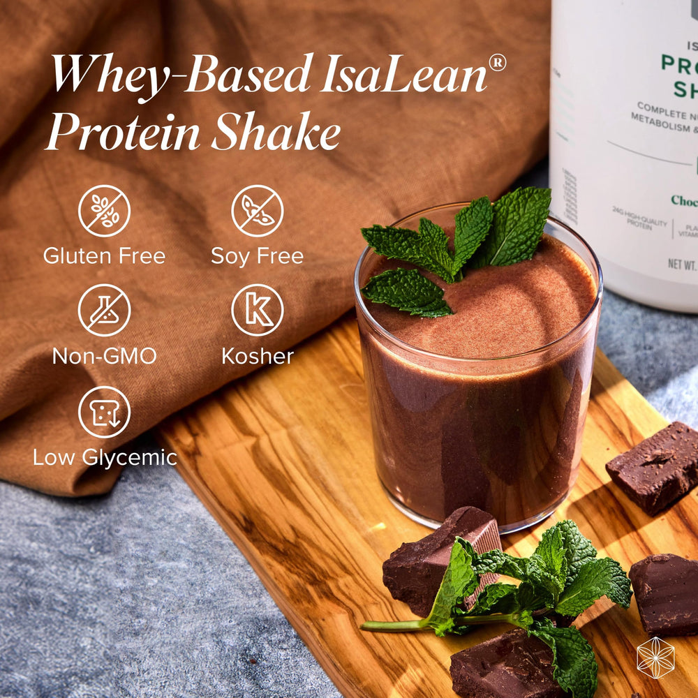 Isagenix IsaLean Shake Chocolate Mint nutrition facts emphasize 24 vitamins and fiber support.