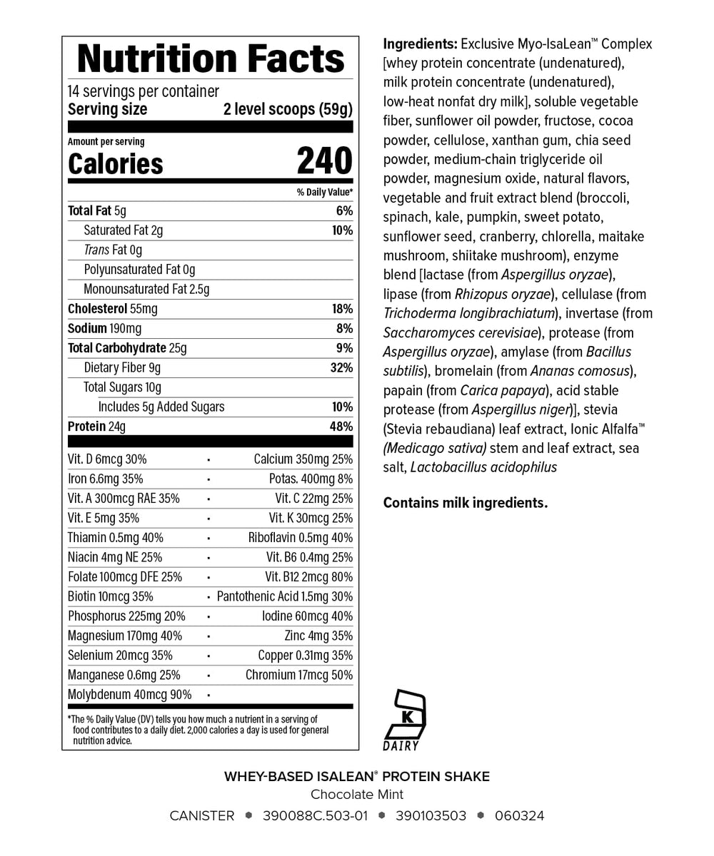 Isagenix IsaLean Shake Chocolate Mint serving cup showing convenient on-the-go nutrition.