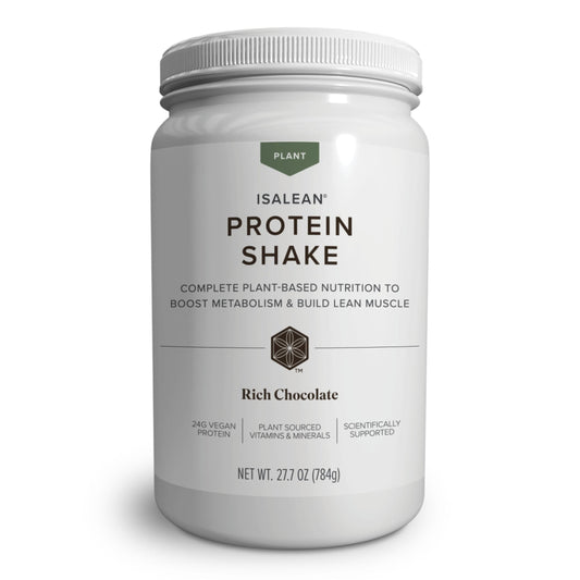 Isagenix IsaLean plant-based shake bottle pour showing on-the-go protein support