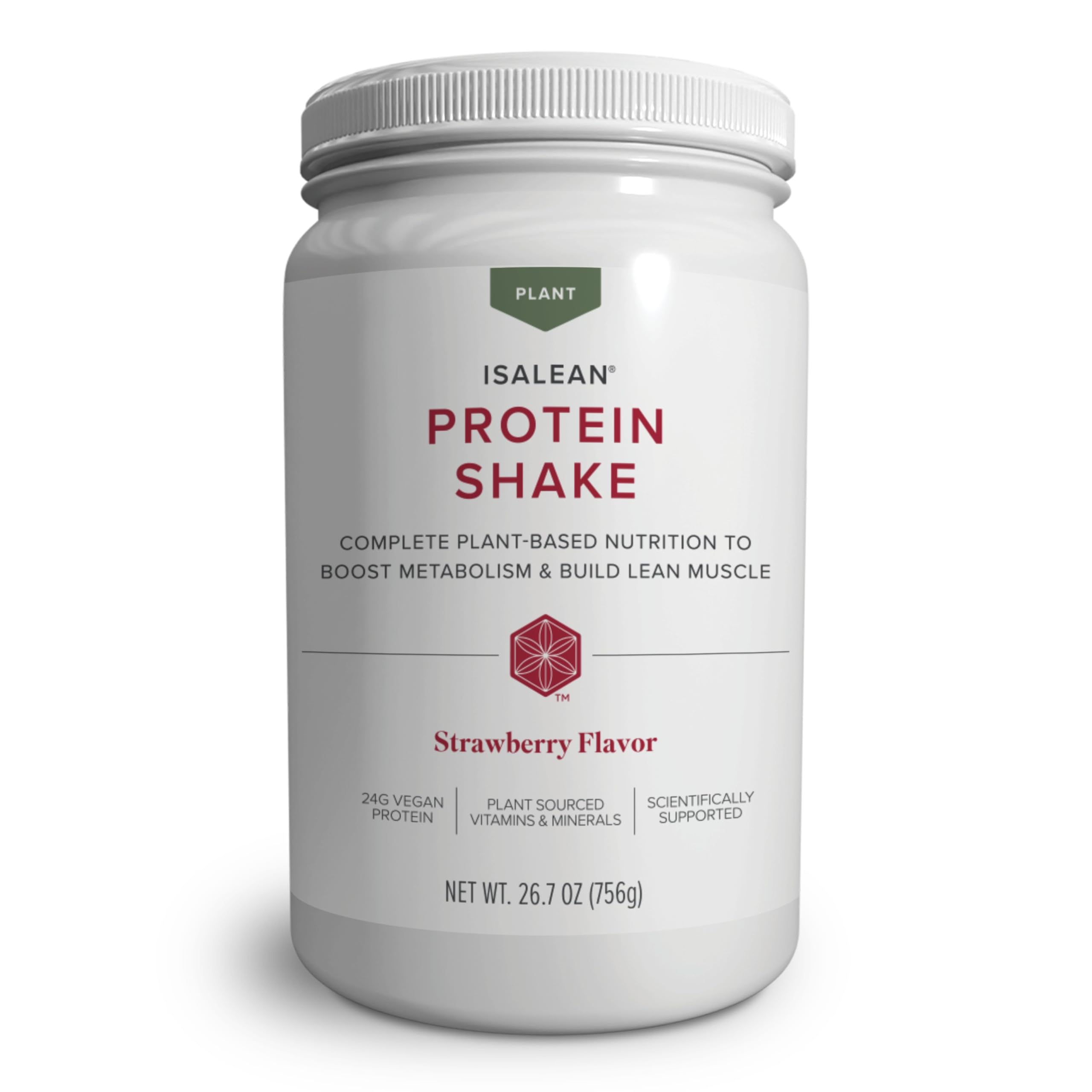 Isagenix IsaLean bottle with strawberry shake for plant-based energy