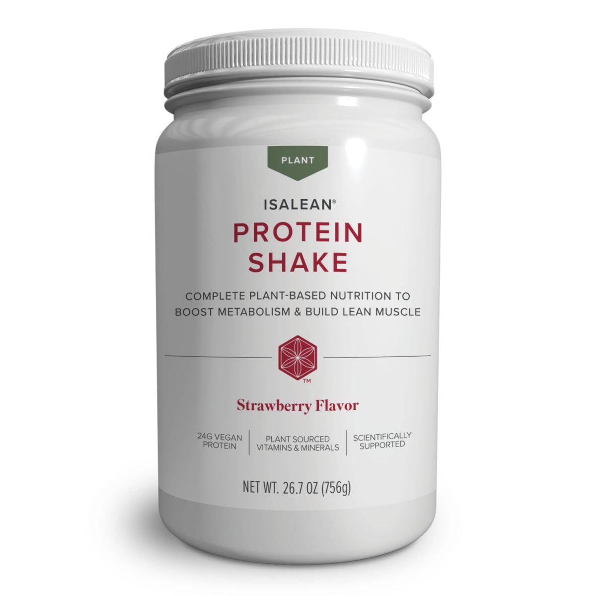 Isagenix IsaLean bottle with strawberry shake for plant-based energy