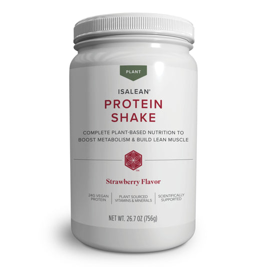 Isagenix IsaLean bottle with strawberry shake for plant-based energy