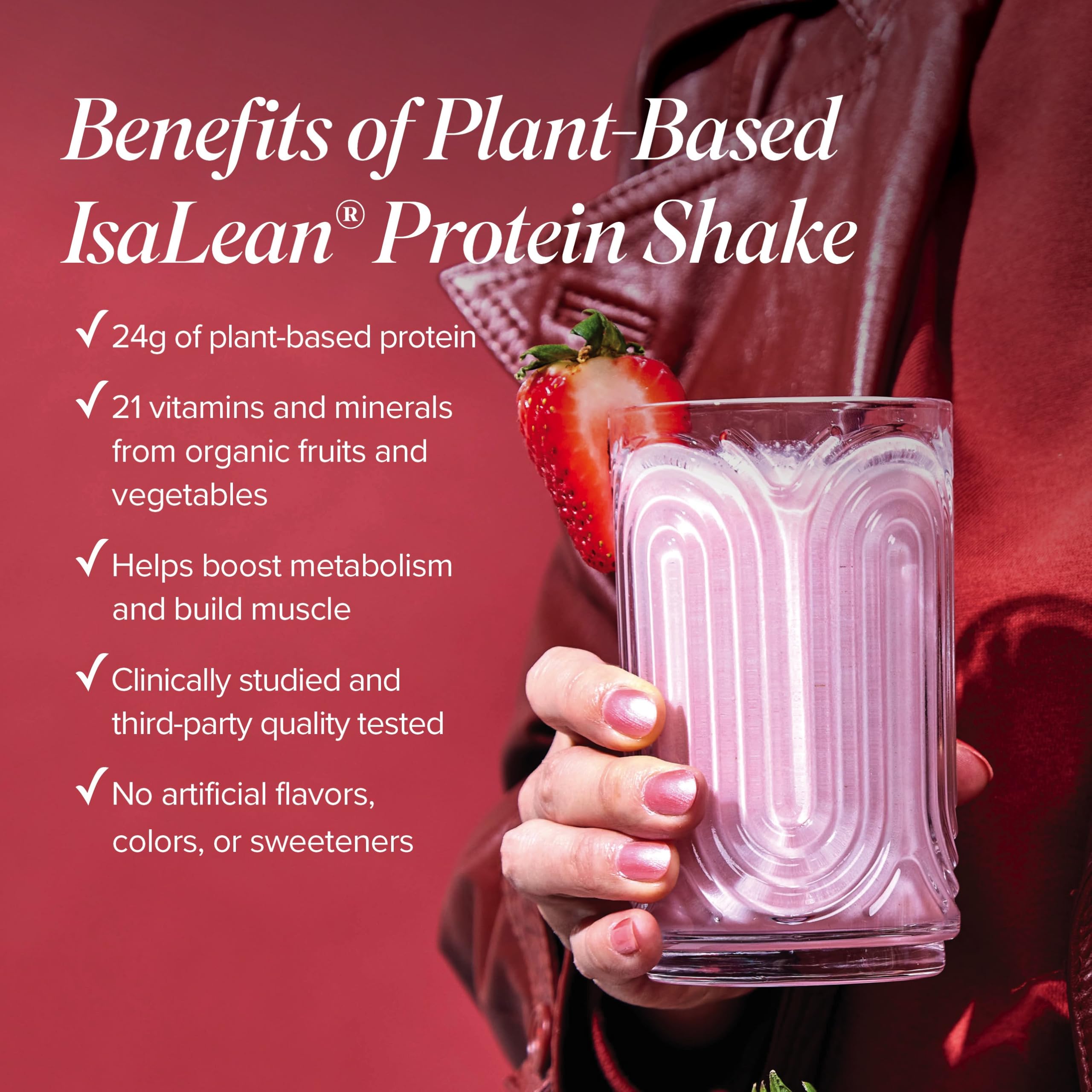 Front packaging of Isagenix IsaLean strawberry shake, gluten-free option