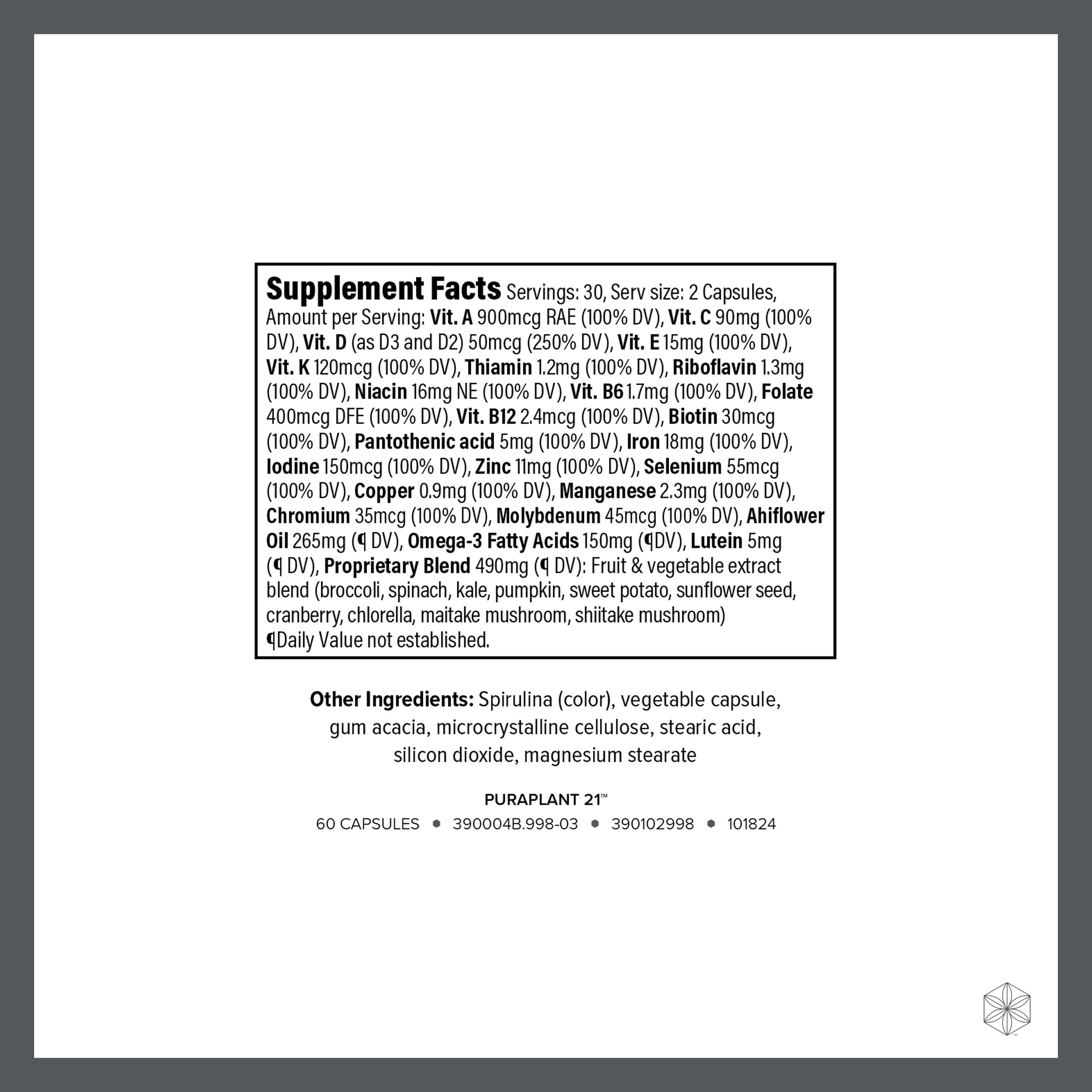 Isagenix PuraPlant21 bottle back with supplement facts and ingredients overview.