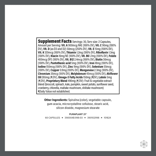 Isagenix PuraPlant21 bottle back with supplement facts and ingredients overview.