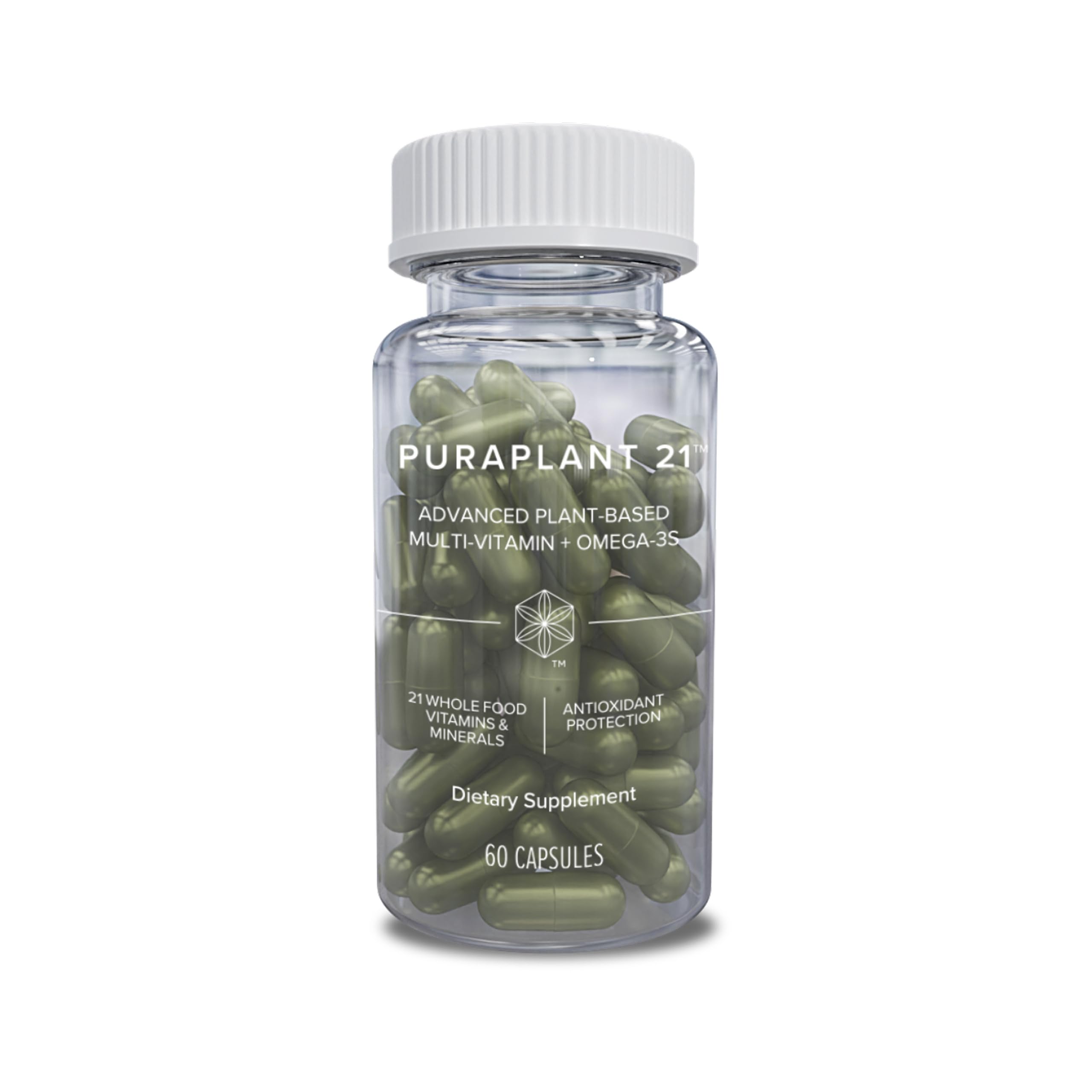 Isagenix PuraPlant21 bottle front showing vegan daily multivitamin packaging for wellness.