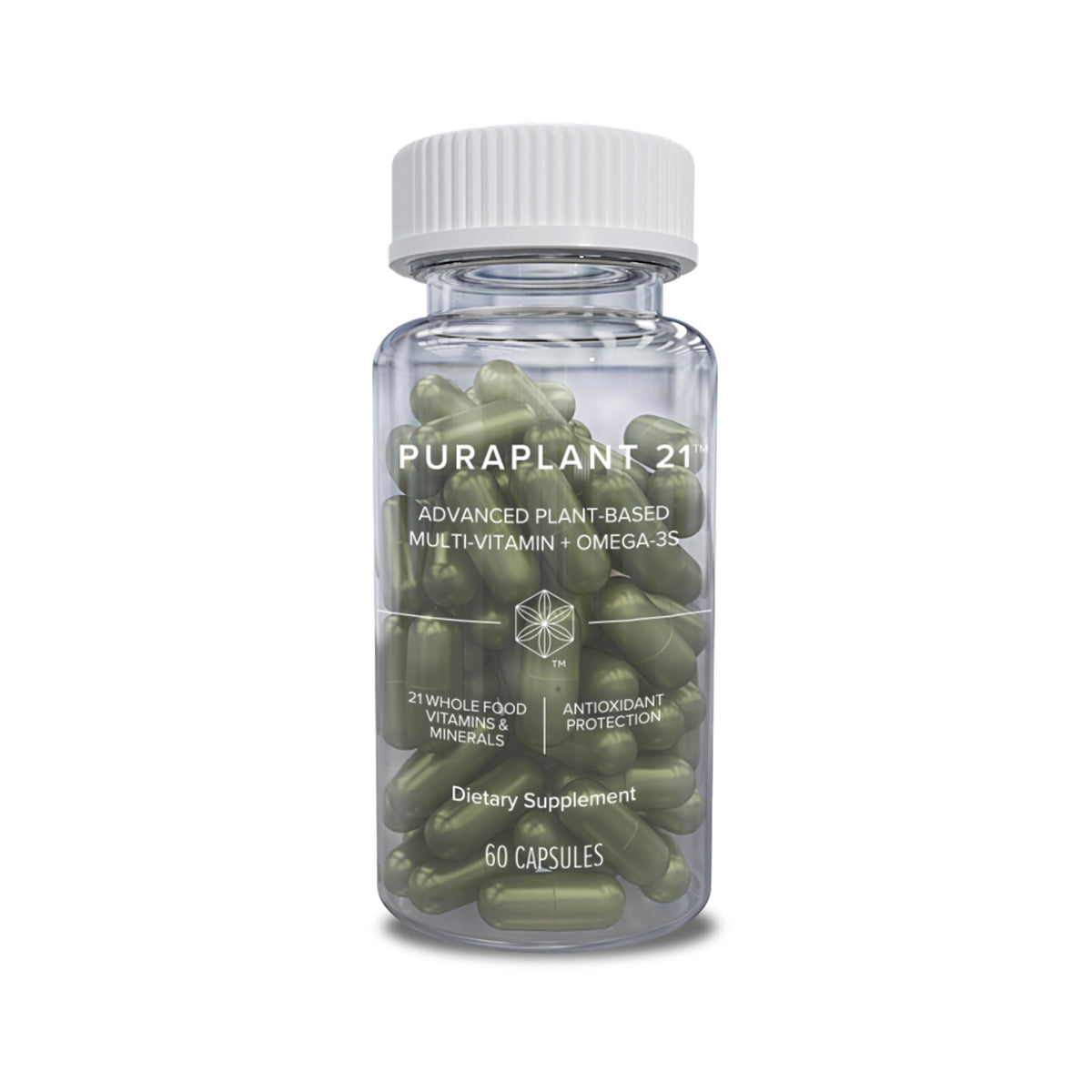 Isagenix PuraPlant21 bottle front showing vegan daily multivitamin packaging for wellness.