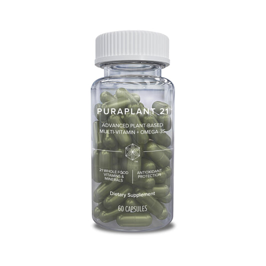 Isagenix PuraPlant21 bottle front showing vegan daily multivitamin packaging for wellness.