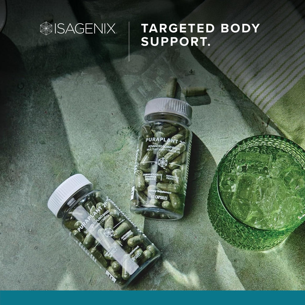 Isagenix PuraPlant21 packaging shot conveying vegan, GMP-tested quality.