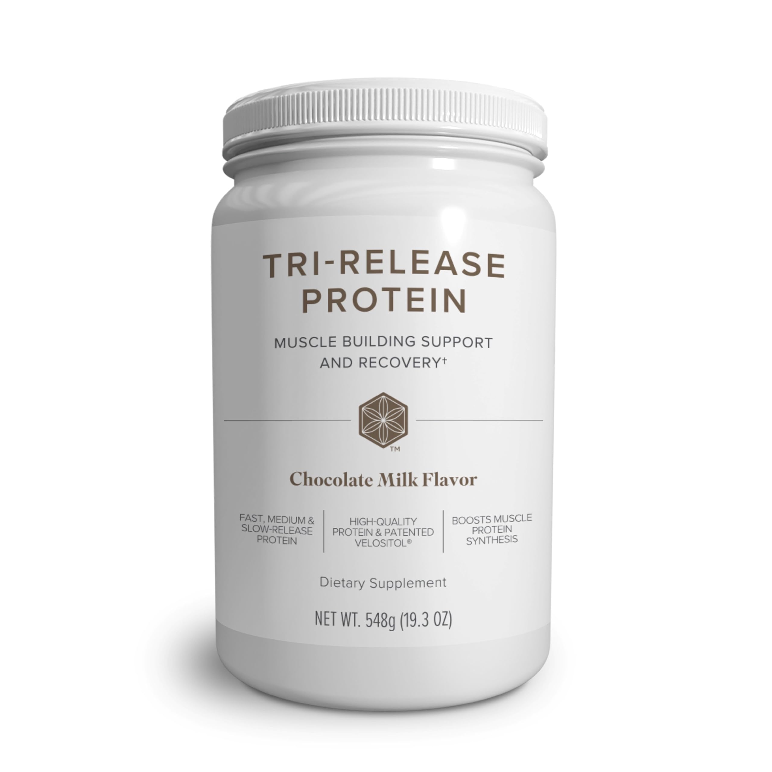 Isagenix Tri-Release Protein canister (front) with Chocolate Milk flavor and three-stage release messaging.