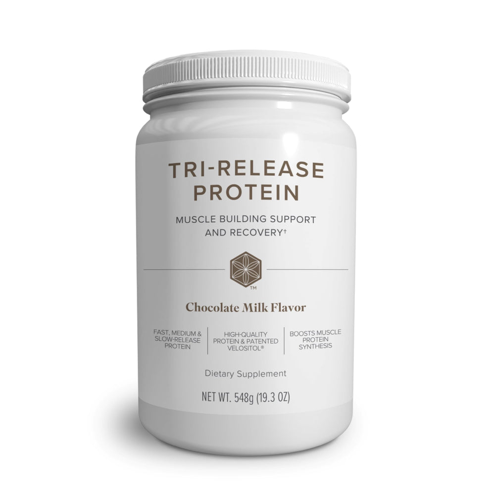 Isagenix Tri-Release Protein canister (front) with Chocolate Milk flavor and three-stage release messaging.