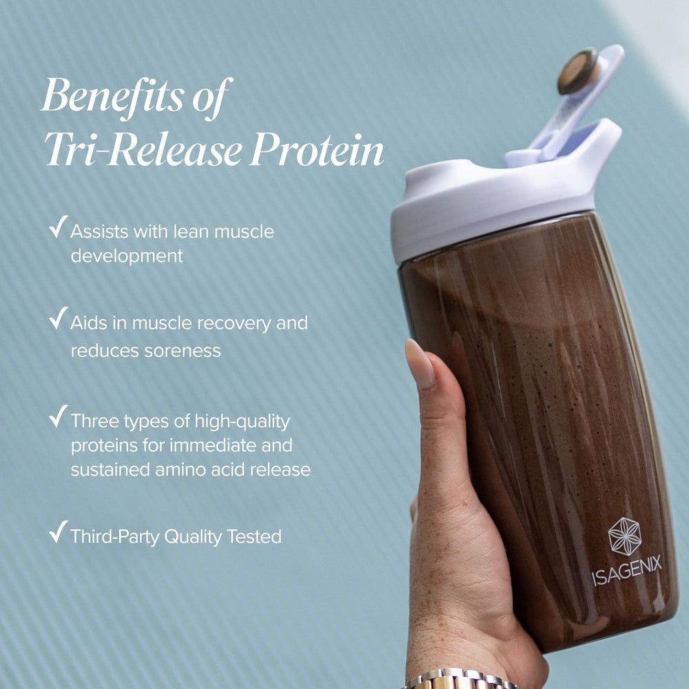 Nutrition panel on Isagenix Tri-Release Protein showing 25g protein per serving.
