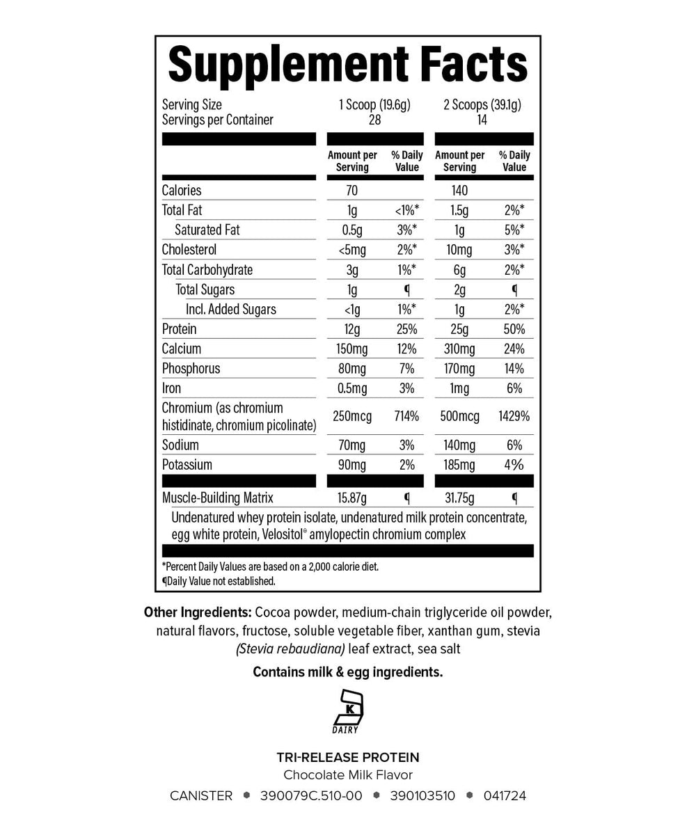 A glass of Isagenix Tri-Release Protein shake poured to reveal Chocolate Milk flavor and smooth texture.