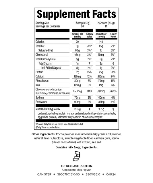 A glass of Isagenix Tri-Release Protein shake poured to reveal Chocolate Milk flavor and smooth texture.
