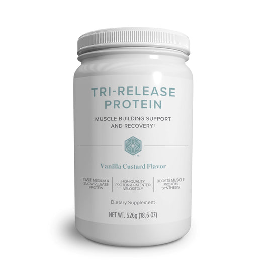 Isagenix Tri-Release Protein vanilla custard bottle shows three-stage release benefits for recovery