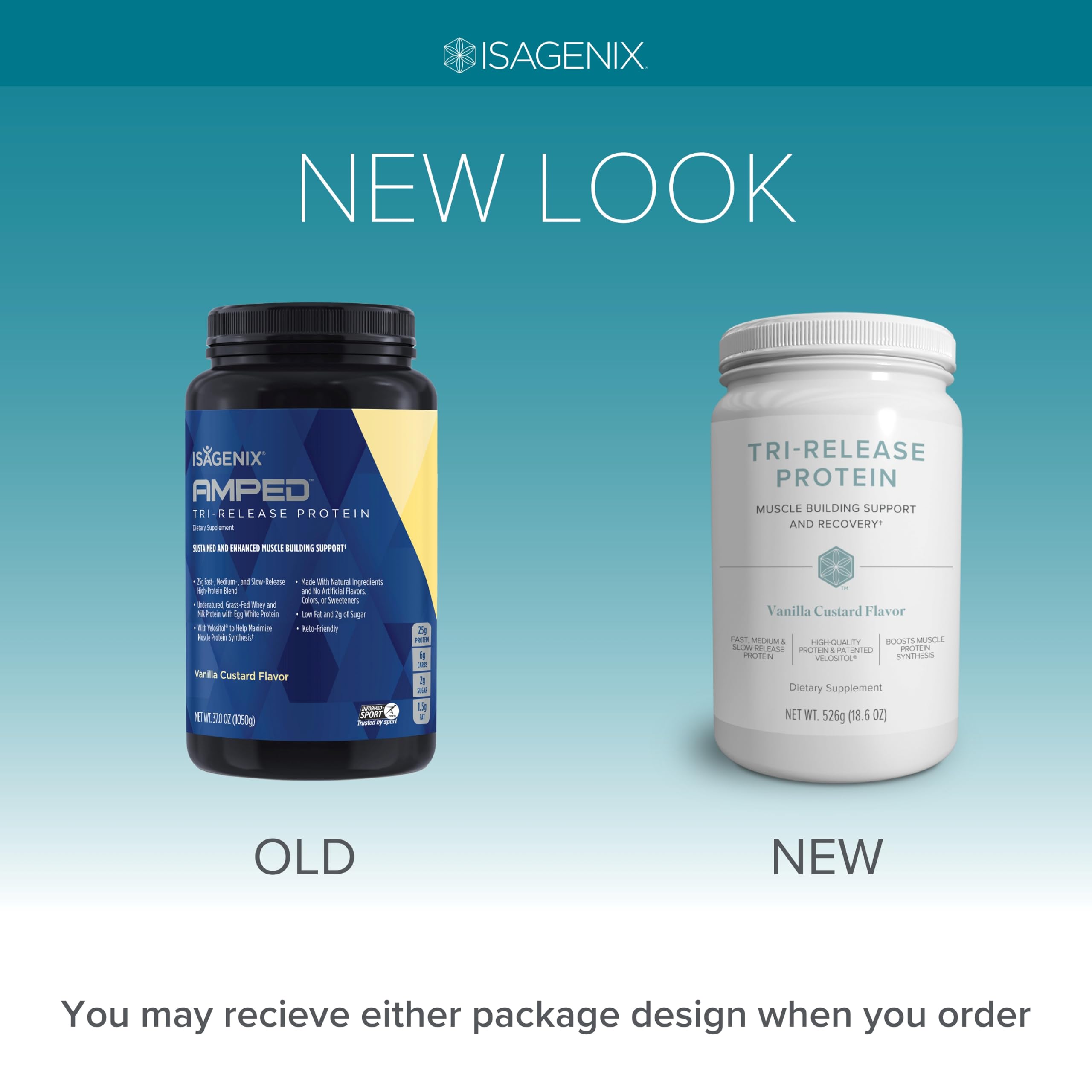 Isagenix Tri-Release Protein vanilla custard label highlights 25g per serving