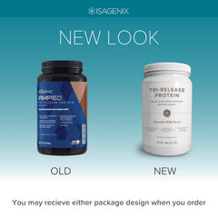 Close-up of Velositol detail beside Isagenix Tri-Release Protein label highlighting recovery potential.