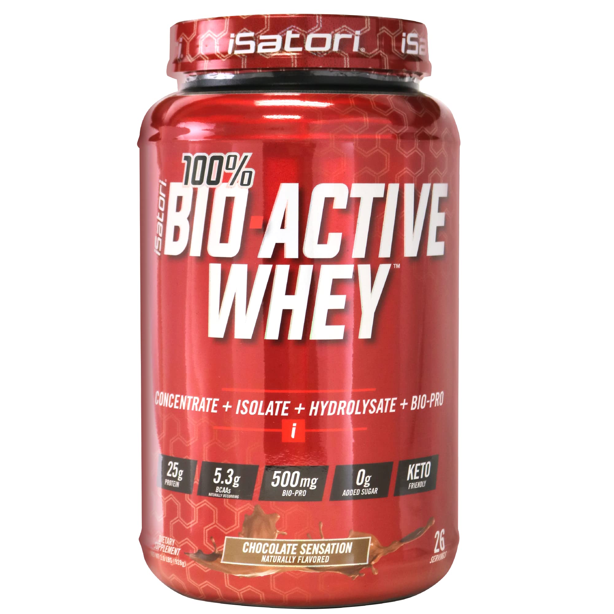 iSatori 100% Bio-Active Whey bottle front showing protein power for workouts