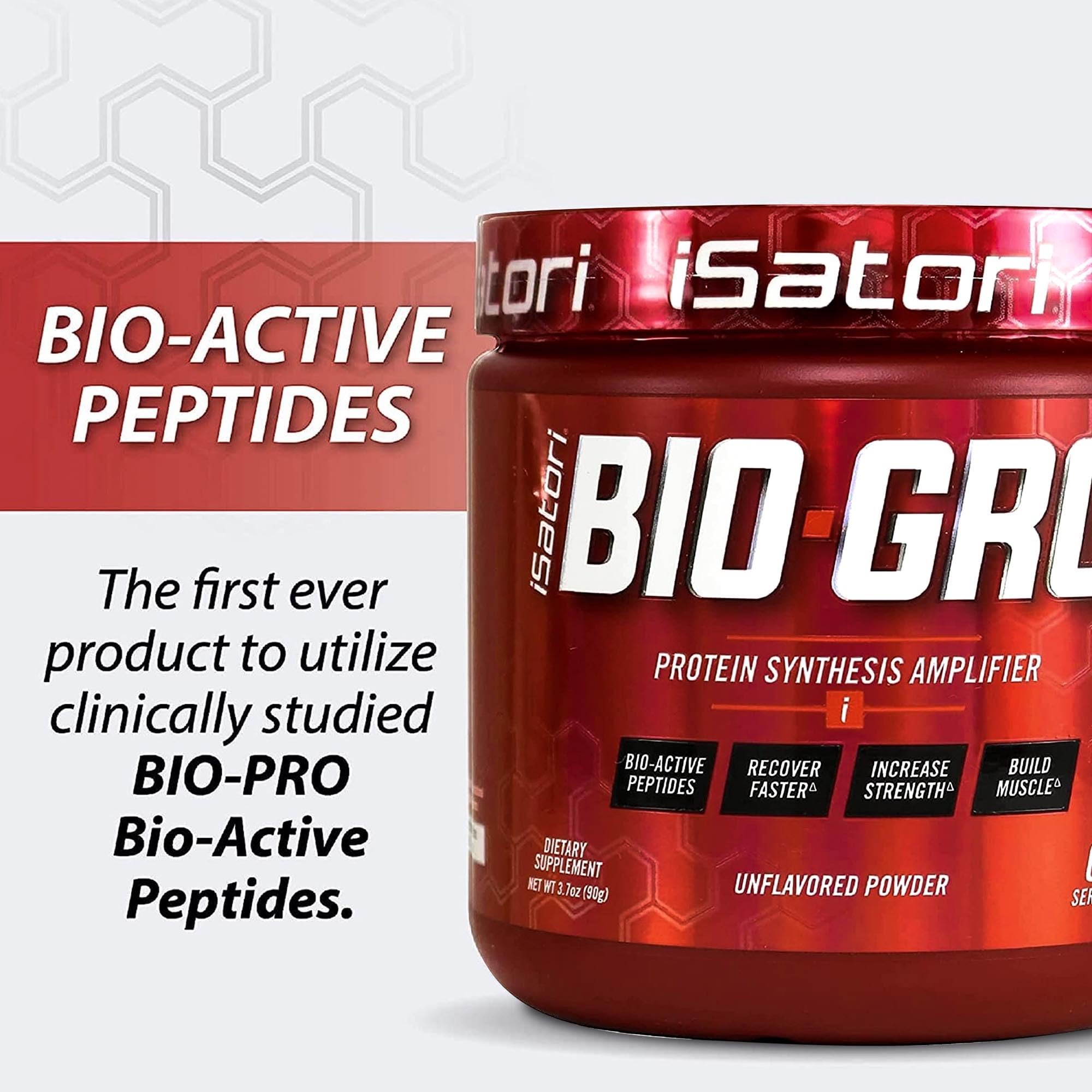 iSatori BIO-GRO label closeup highlighting unflavored, gluten-free and sugar-free formula