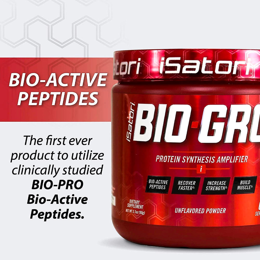 iSatori BIO-GRO label closeup highlighting unflavored, gluten-free and sugar-free formula