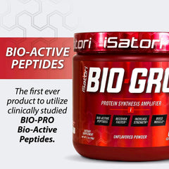 iSatori BIO-GRO label closeup highlighting unflavored, gluten-free and sugar-free formula