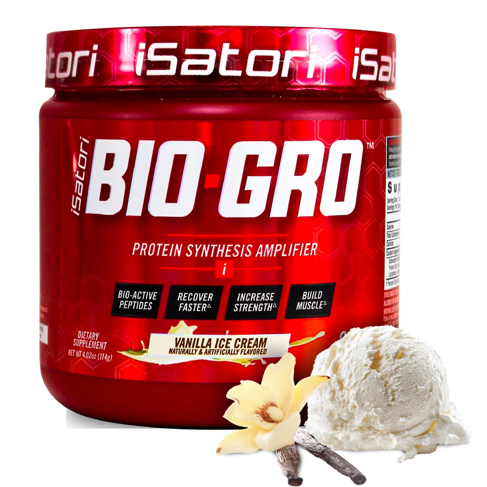 iSatori BIO-GRO Vanilla bottle on counter, supports post-workout recovery and lean muscle goals