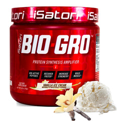 iSatori BIO-GRO Vanilla bottle on counter, supports post-workout recovery and lean muscle goals