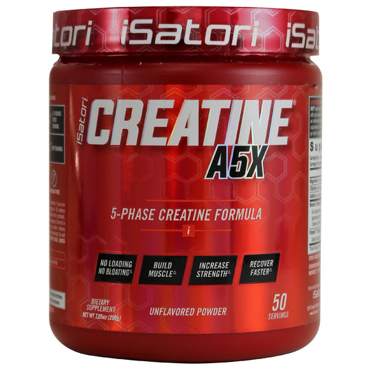 isatori creatine a5x bottle-front displays premium blend for strength and recovery support