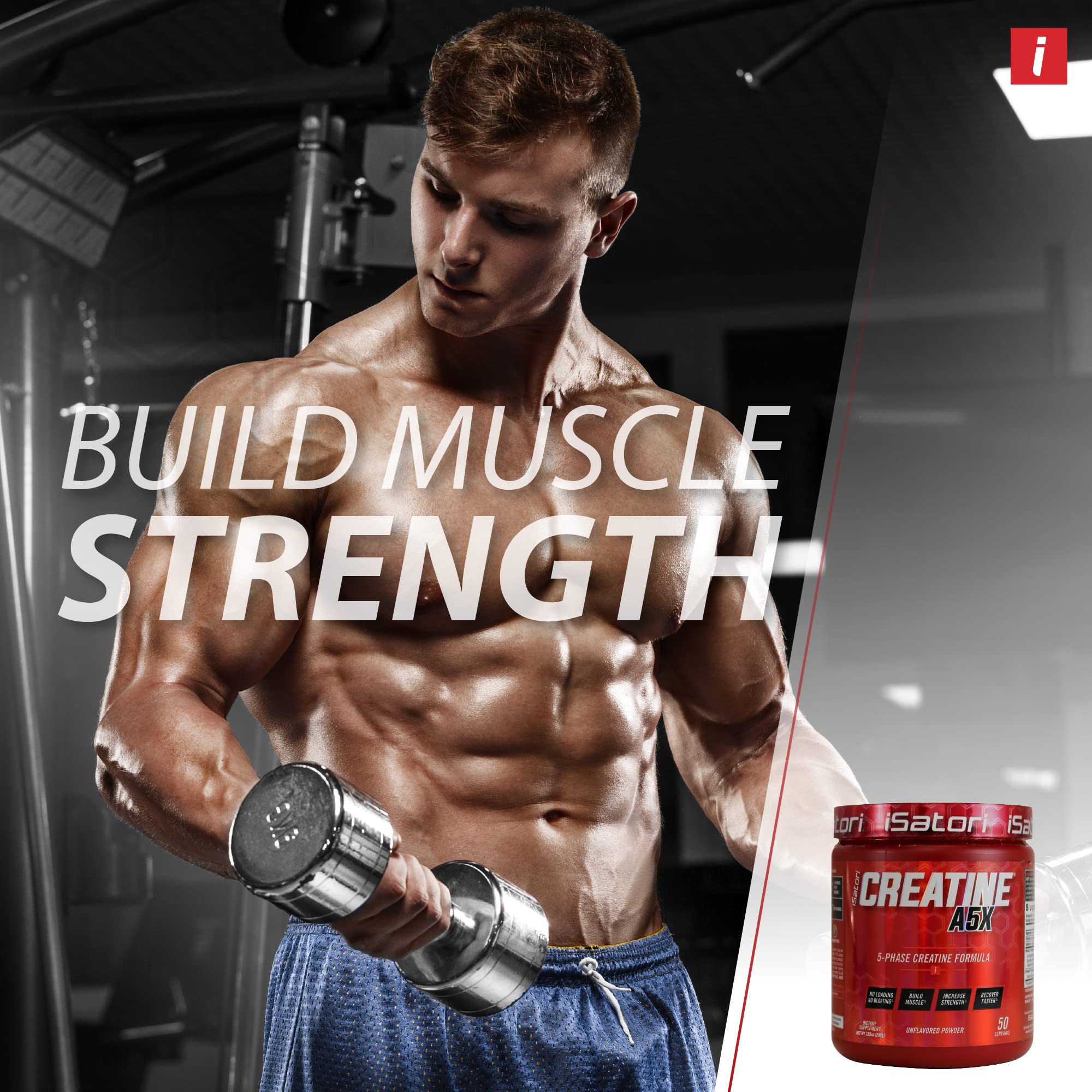 isatori creatine a5x powder-closeup highlights 5-phase creatine formula for uptake