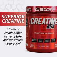 isatori creatine a5x stacked-tub-pro shows gluten-free stimulant-free formula