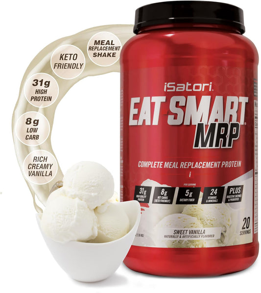 iSatori Eat Smart MRP bottle with vanilla flavor for convenient meal replacement.
