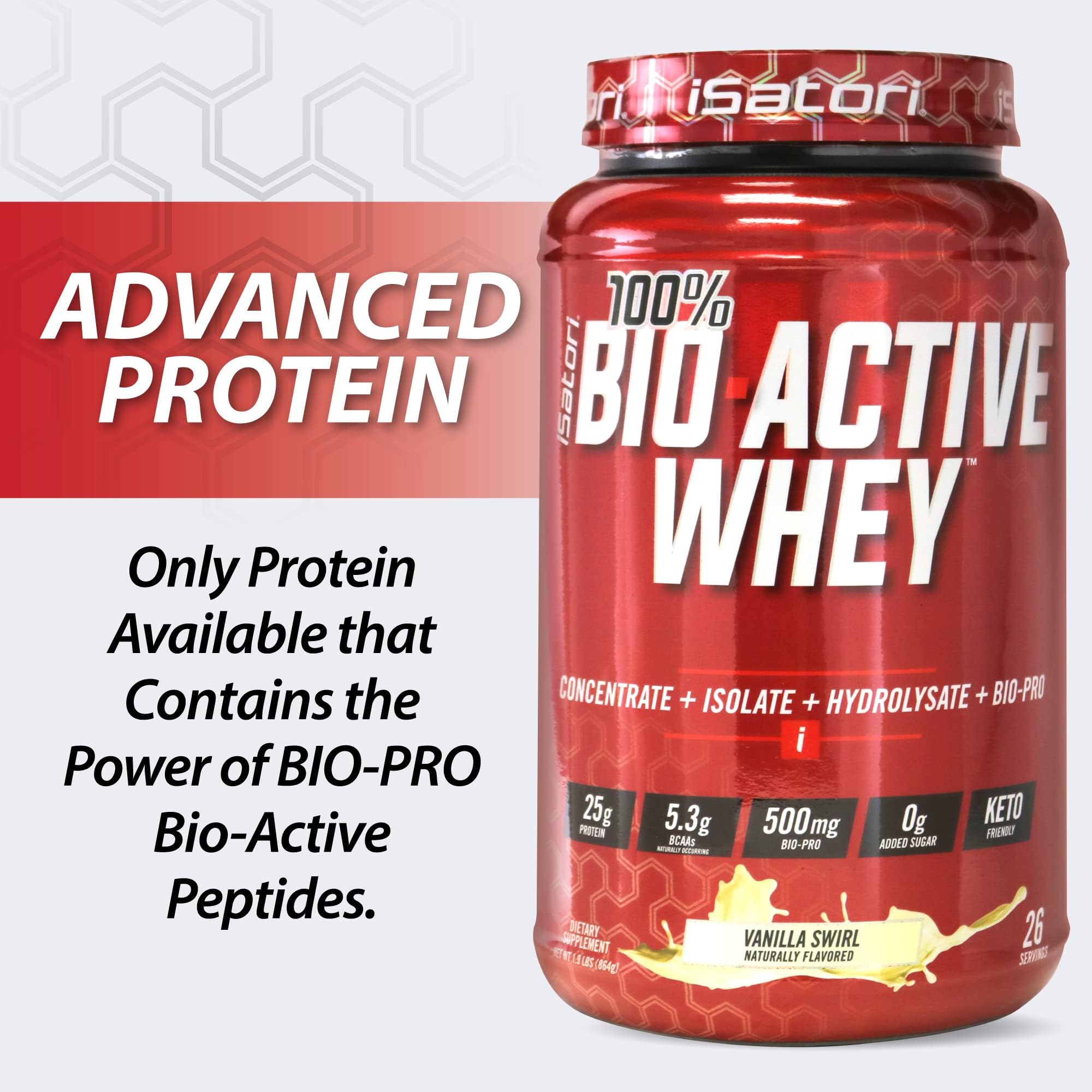 iSatori 25g protein per serving shown with scoop and label.