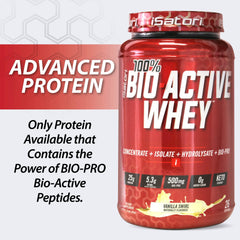 iSatori 25g protein per serving shown with scoop and label.