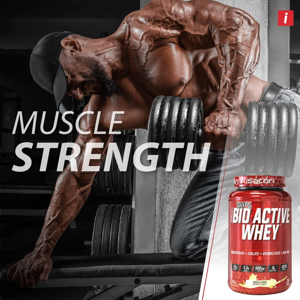 iSatori vanilla powder being poured for a pre-workout shake.