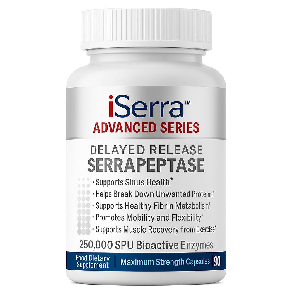 iSerra Serrapeptase bottle front showing high potency 250k SPU for daily enzyme support