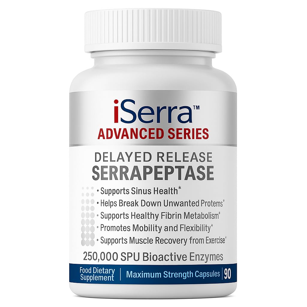 iSerra Serrapeptase bottle front showing high potency 250k SPU for daily enzyme support