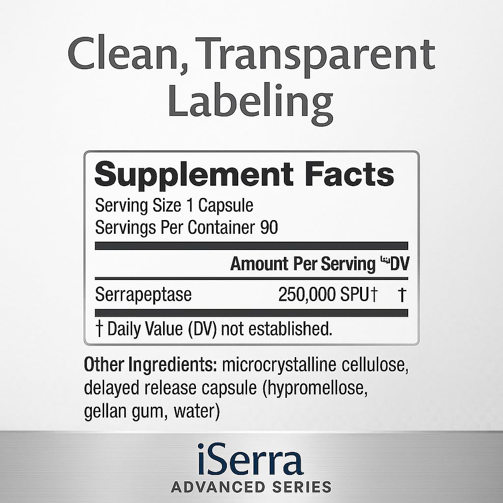 iSerra Serrapeptase ingredients emphasize vegan, non-GMO purity