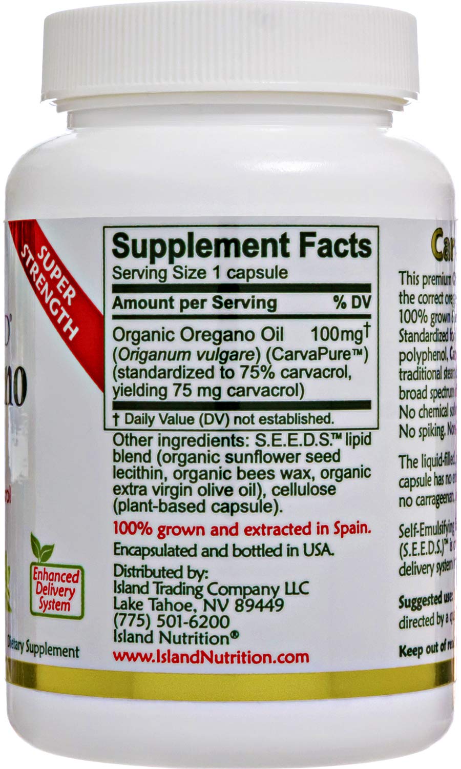 Island Nutrition oregano oil capsules close-up showing clean vegan formulation.