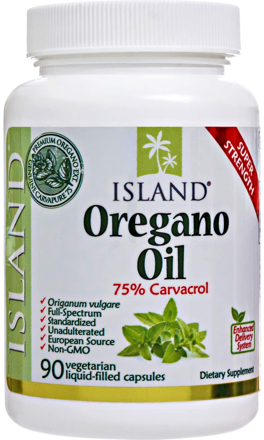 Island Nutrition oregano oil capsules being poured for easy dosing.