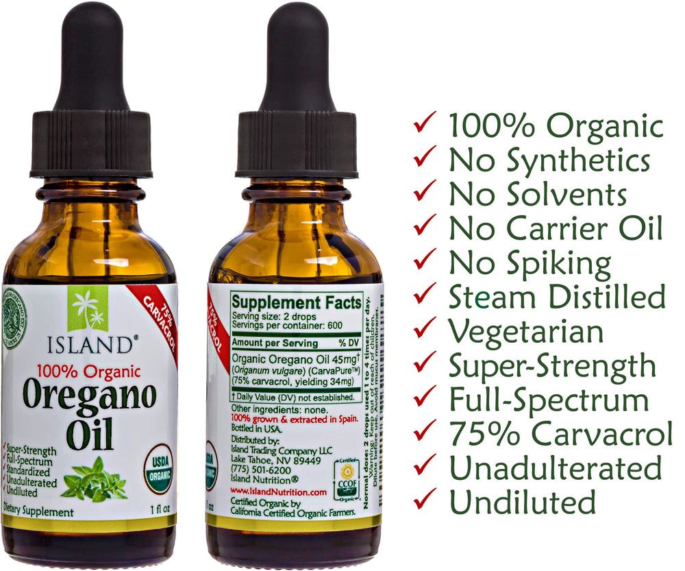 Island Nutrition oregano oil bottle label showing 75% carvacrol content for potency insight