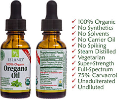 Island Nutrition oregano oil bottle label showing 75% carvacrol content for potency insight