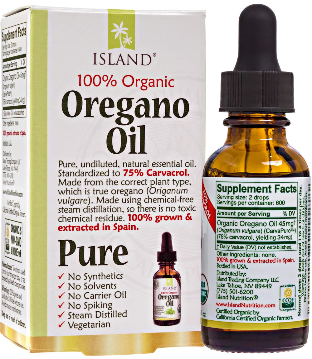 Close-up of Island Nutrition oregano oil drops with 75% carvacrol aroma for immune-support exploration