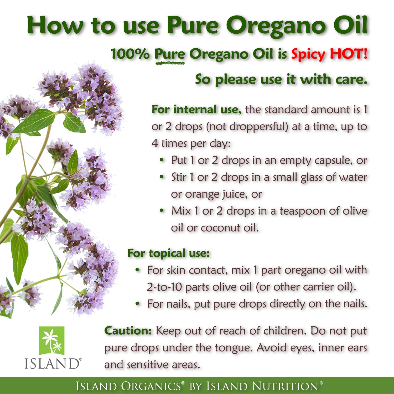 Island Nutrition oregano oil packaging box, travel-friendly 1 oz size and organic certification