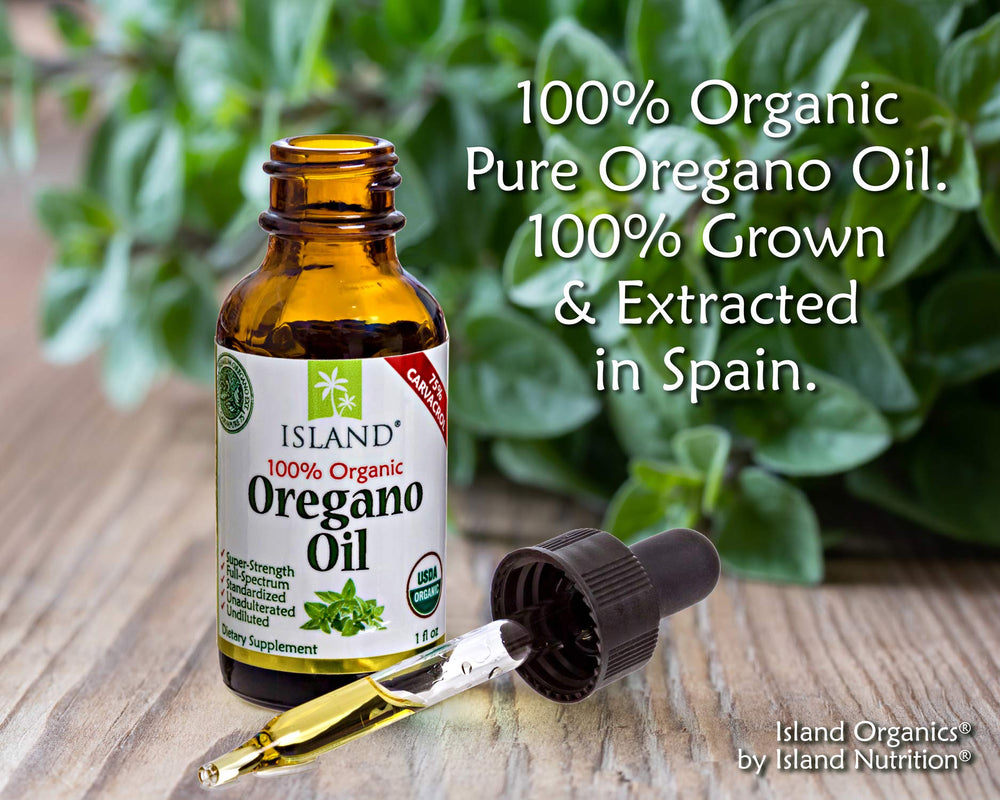 Island Nutrition oregano oil label on bottle, USDA Organic certification and trusted Spain origin